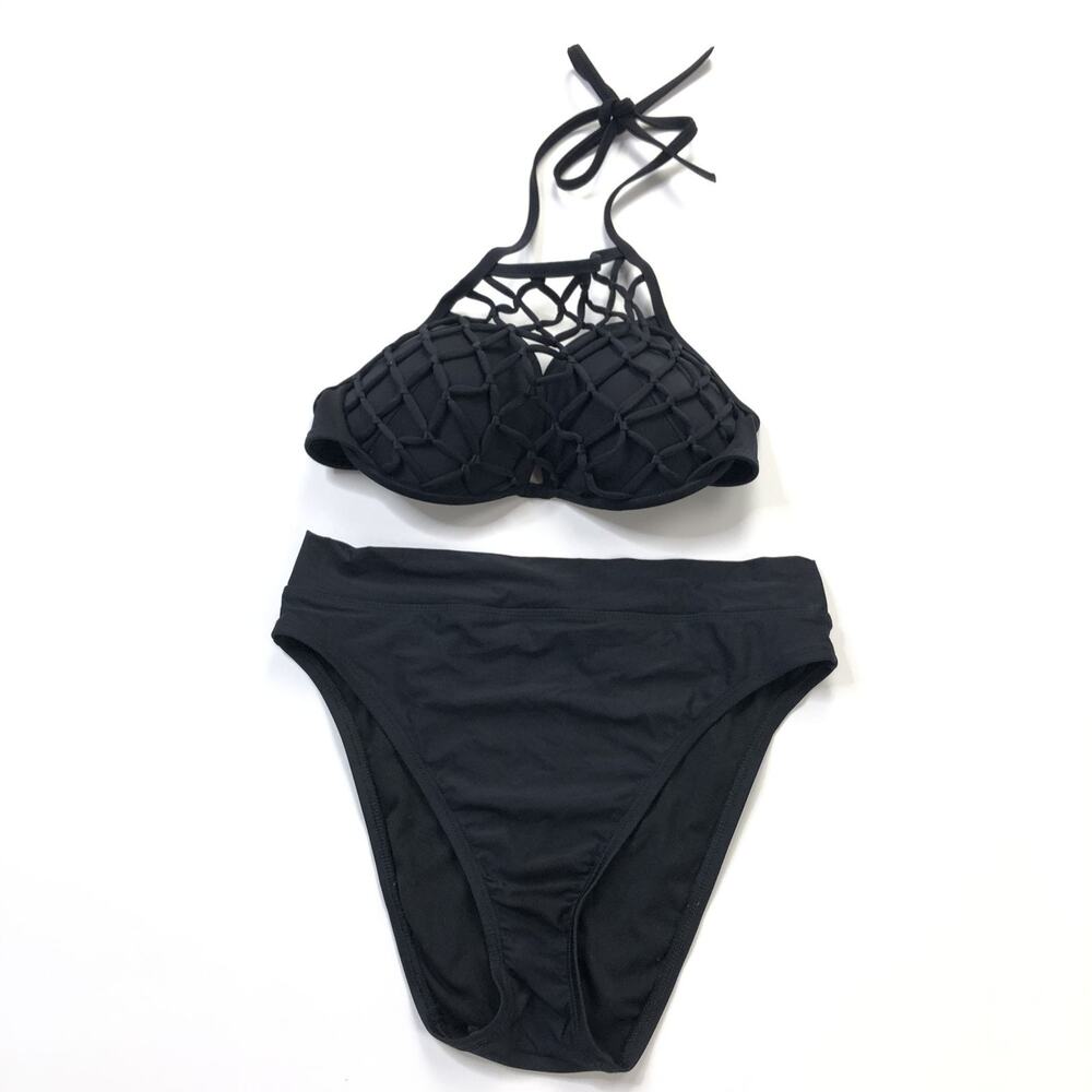 Shade & Shore Halter Bikini Top 36C Bottom MED 2 Pc Padded Wired Black MINT